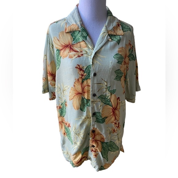 Caribbean Joe Hawaiian Luau Button Up Shirt Hibiscus Floral 100% Rayon Size L - Picture 1 of 11